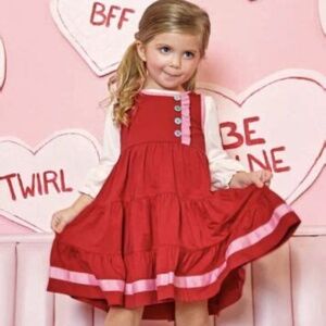 VGUC Girls MATILDA JANE Red Pink Ruffle Lets Go Together Heart Eyes Dress size 8